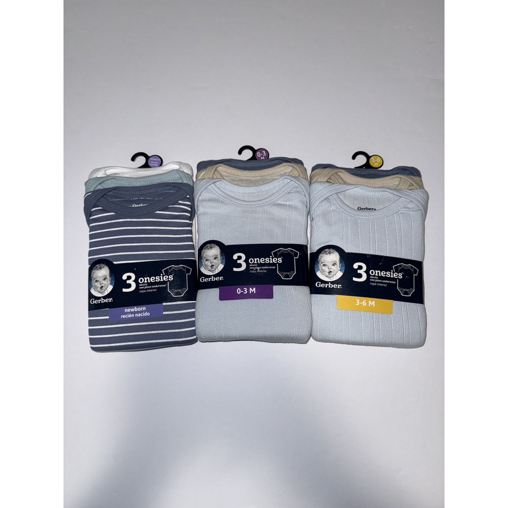 Gerber Baby 9 Onesies 3 Pack Ribbed Bodysuits Blue Beige Newborn 0-3M 3-6M NIP